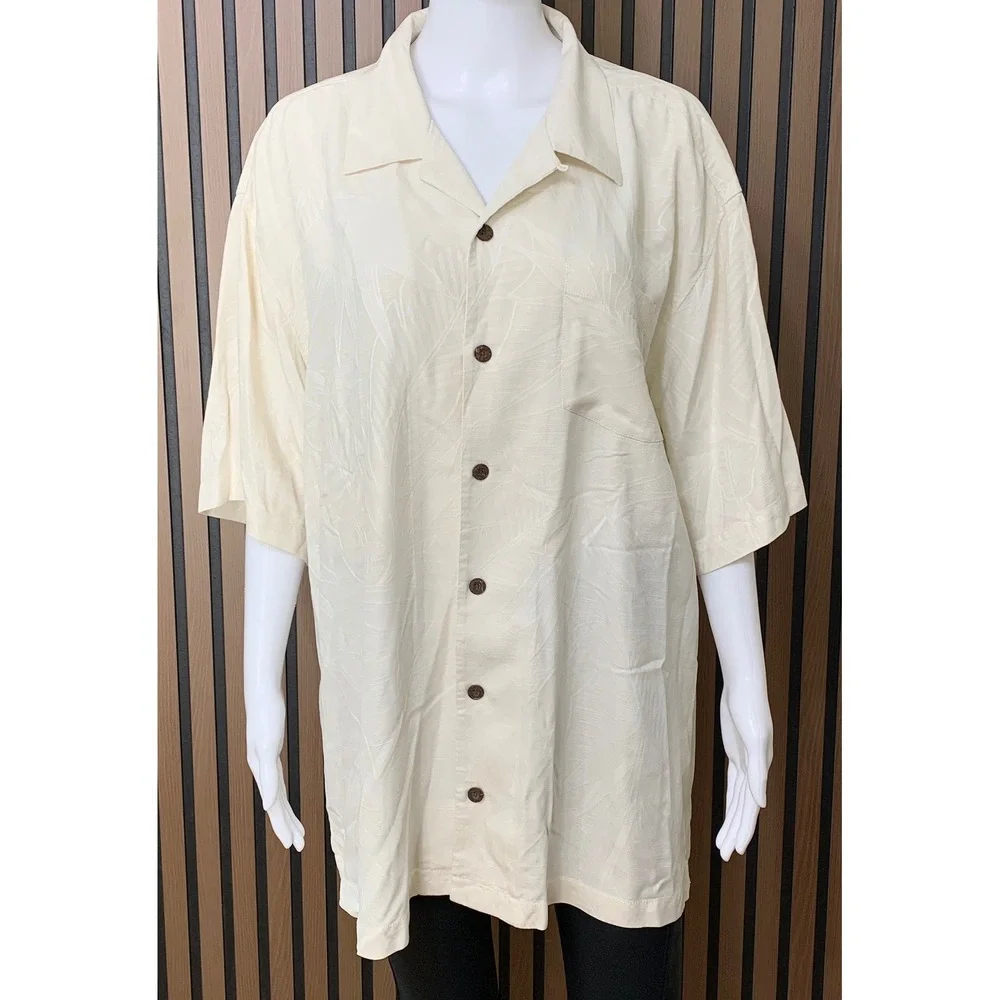 Tommy Bahama Men's XL Silk Camp Shirt Cream Tropical Leaf Jacquard Button Down